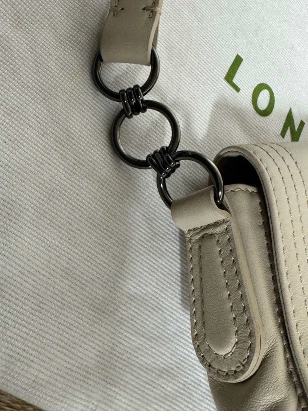 Longchamp Light Beige Leather Saddle Shoulder Hobo Bag